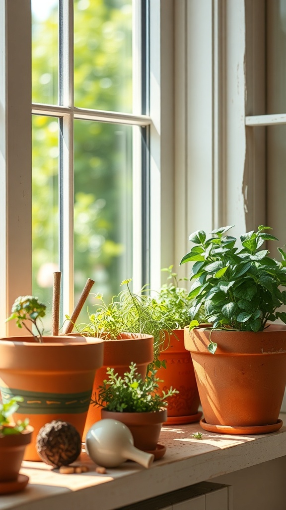 A collection of painted terracotta pots filled with various plants, sitting by a sunny window.