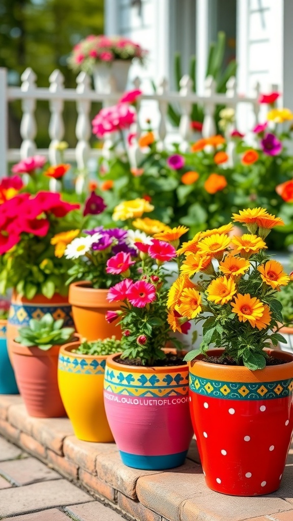 Colorful painted terracotta pots filled with flowers