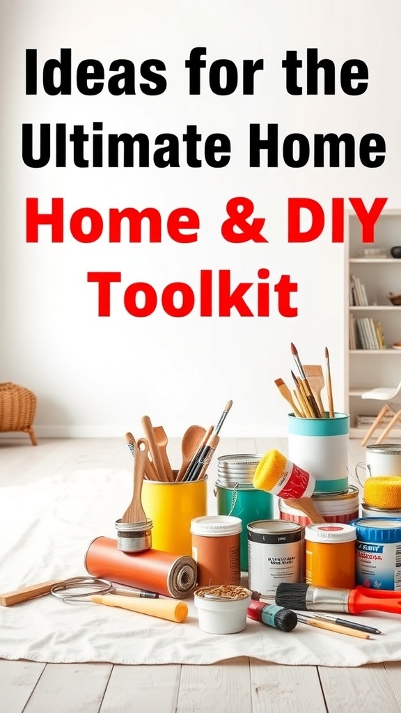 An assortment of colorful paint cans, brushes, and tools on a white cloth, ready for a DIY painting project.
