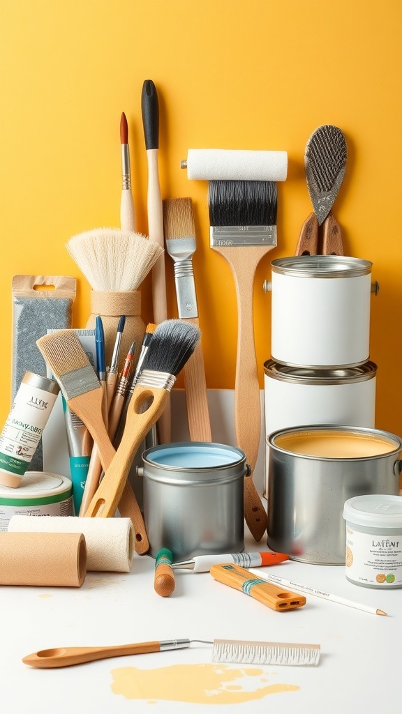 A collection of painting supplies including brushes, rollers, paint cans, and tools on a yellow background.