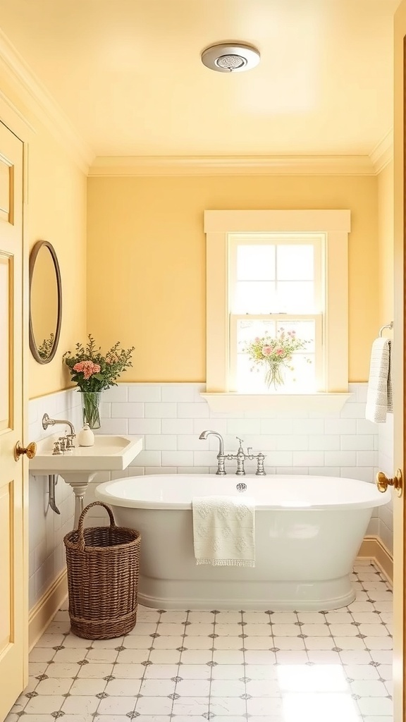 A bright bathroom featuring a pale yellow painted ceiling, white tiles, and a vintage bathtub.