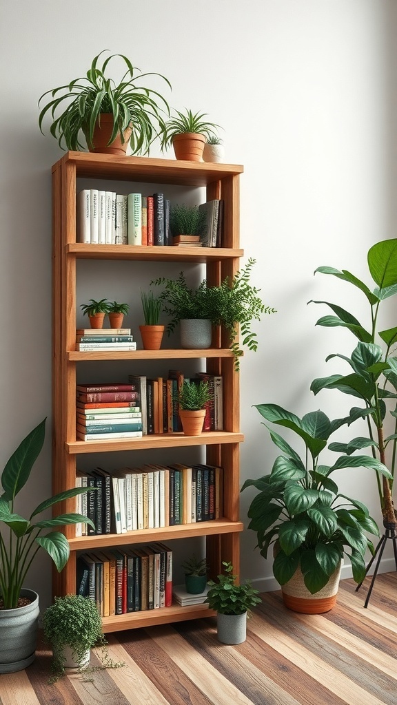 A wooden bookshelf made from pallet wood, filled with books and potted plants.