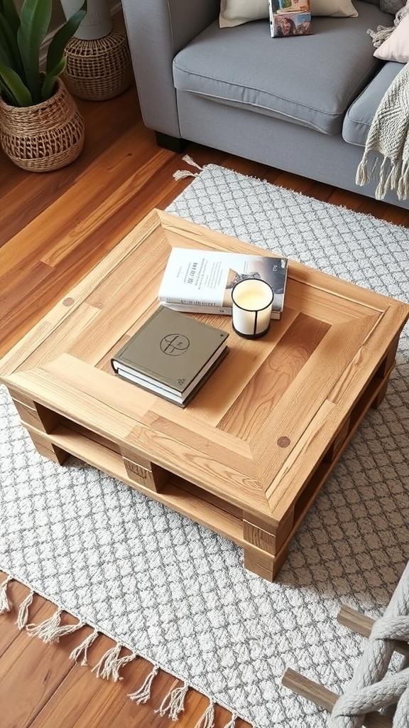 A rustic pallet wood coffee table with books and a candle on top, set in a cozy living room.
