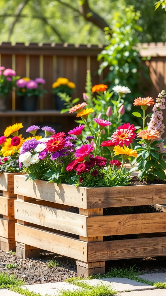 Colorful flowers in pallet wood garden planters in a sunny backyard.