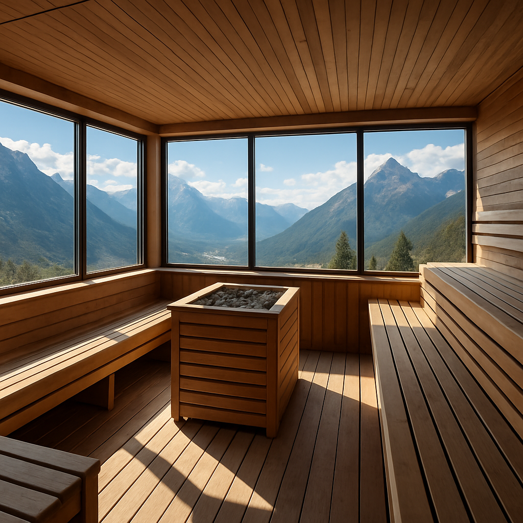 Panorama-Sauna mit Blick auf die Berge, Holzverkleidung, große Fenster, entspannende Atmosphäre