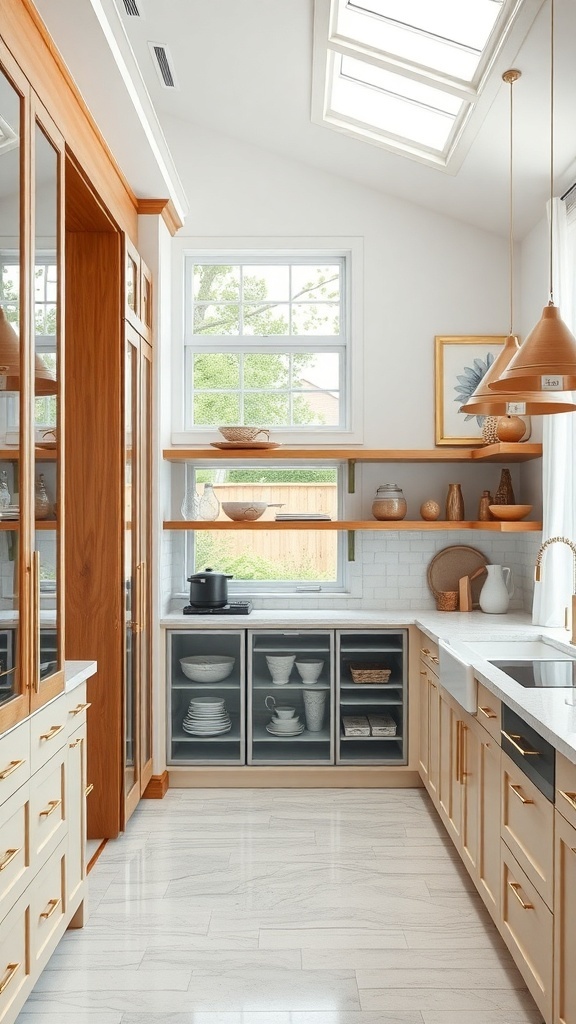 A modern kitchen with open shelving, glass-front cabinets, and natural light.