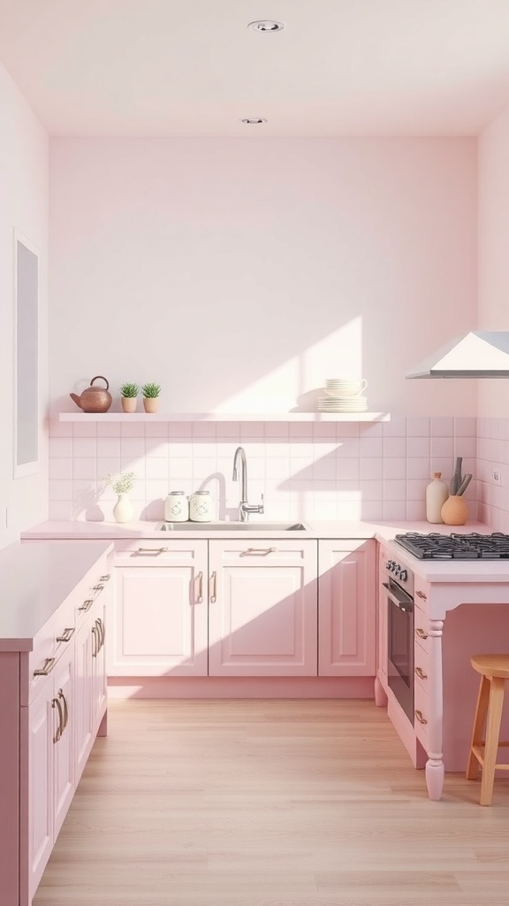 Modern pink kitchen interior with pastel pink cabinets and bright white countertops