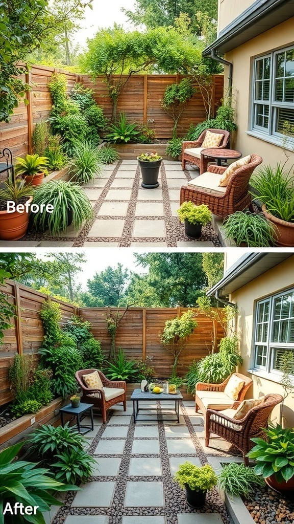 Before and after image of a patio garden makeover showcasing low-cost plants and cozy seating.