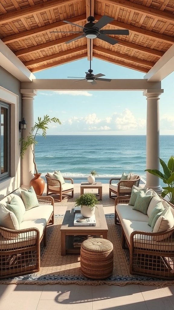 A cozy patio with ocean views featuring comfortable seating and a natural decor.