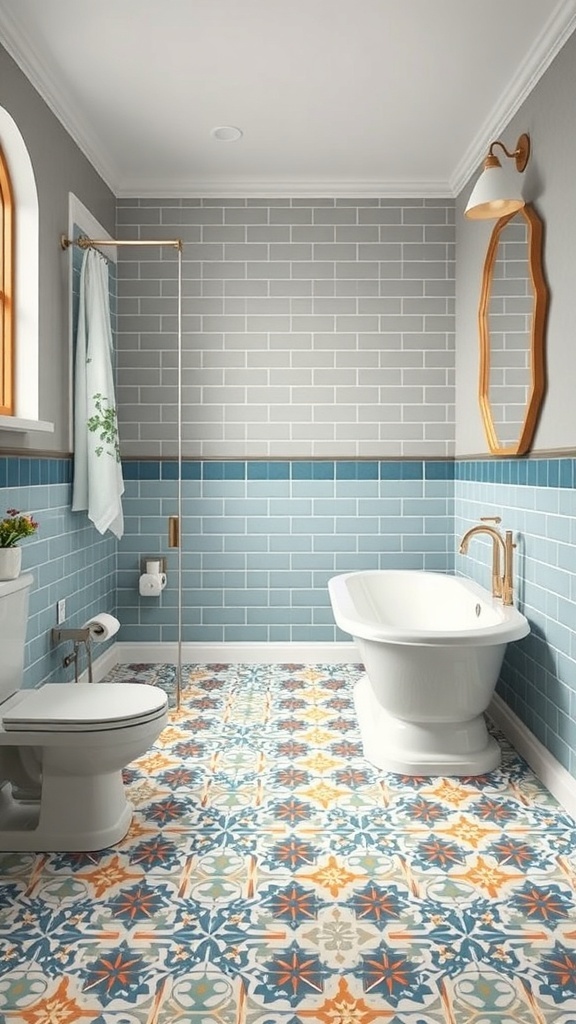 A stylish bathroom featuring patterned tile flooring in blue, orange, and cream, with gray wall tiles and modern fixtures.