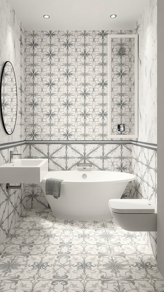 A stylish bathroom featuring patterned tiles on the walls and floor, with a freestanding bathtub and modern fixtures.