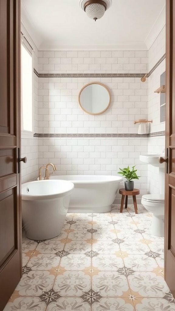 A stylish bathroom with patterned vinyl flooring, a white bathtub, and modern fixtures.