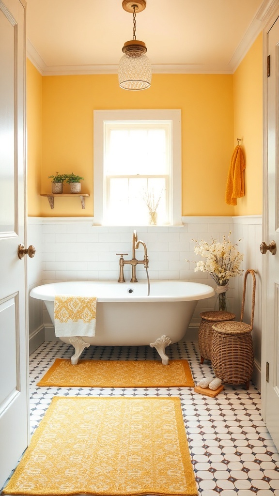 A bright bathroom featuring patterned yellow rugs, a freestanding bathtub, and warm yellow walls.
