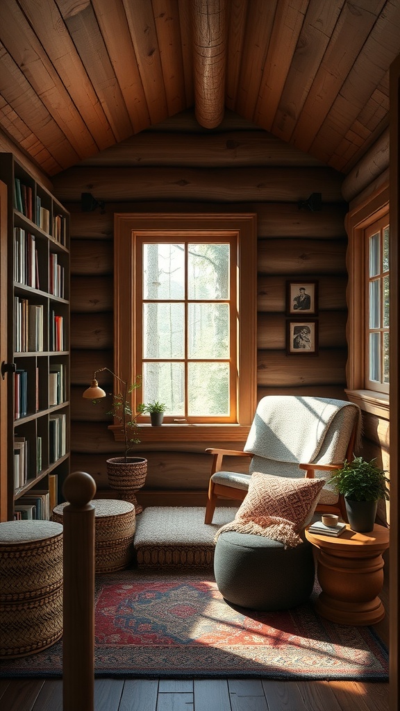 A cozy reading nook in a cabin with wooden walls, a comfortable chair, bookshelves, and plants.