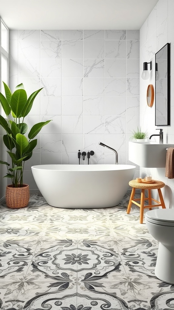 A modern bathroom featuring pebble stone flooring, a white bathtub, and green plants.