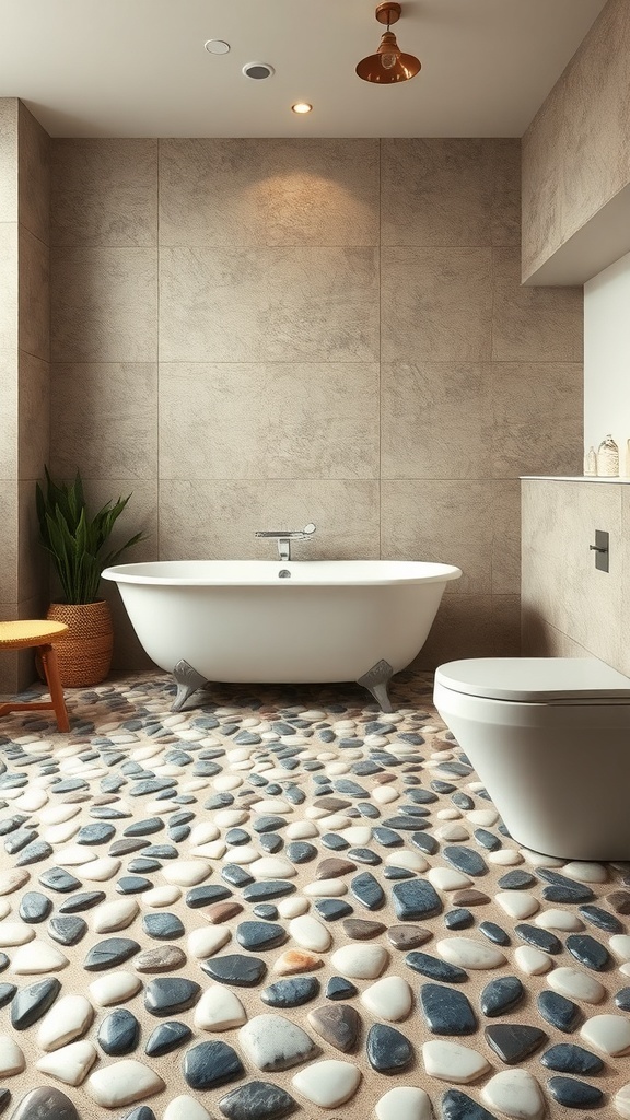 A modern bathroom featuring pebble stone tiles on the floor, a white freestanding bathtub, and a minimalist design.