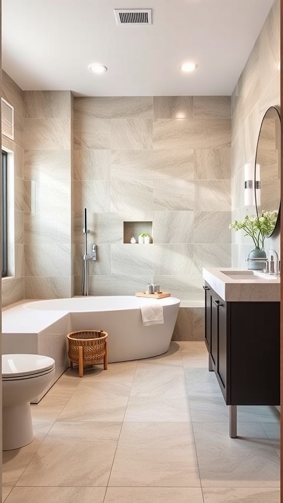 Modern bathroom with light-colored walls and stylish tub, showcasing peel-and-stick vinyl flooring.