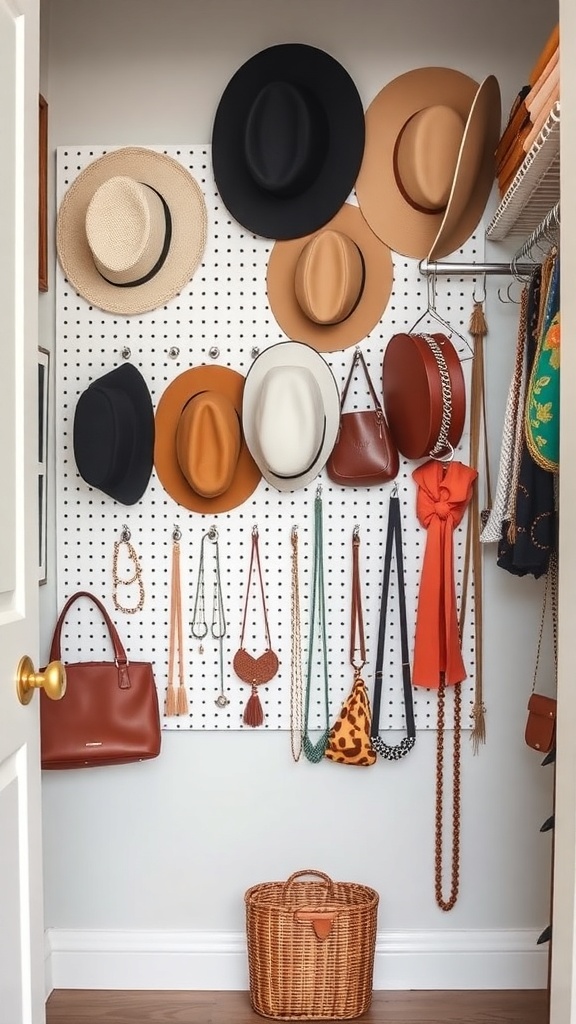 A pegboard displaying various hats, bags, and jewelry in a small closet.
