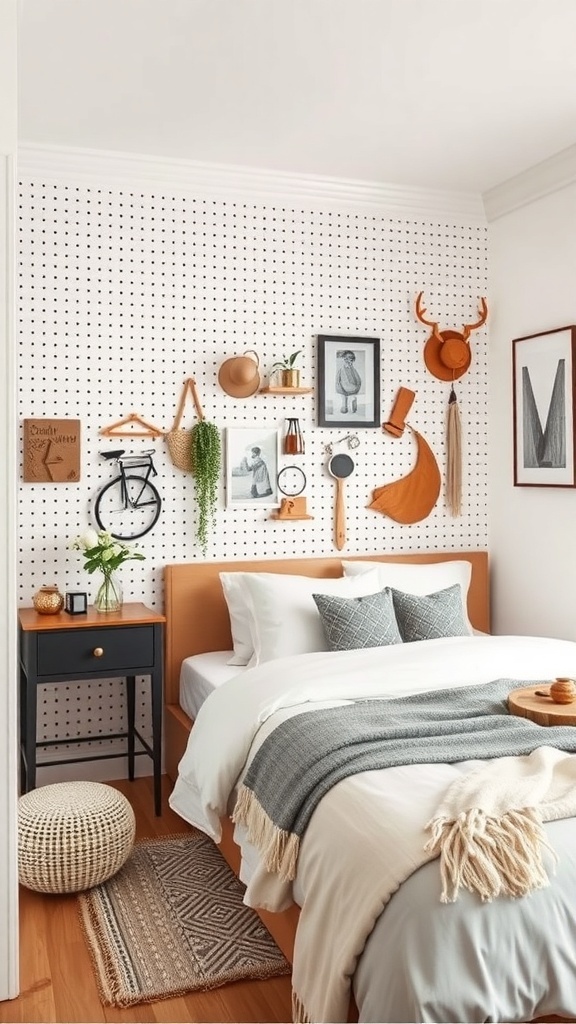 A small bedroom featuring a pegboard wall storage with various decorative items and plants.