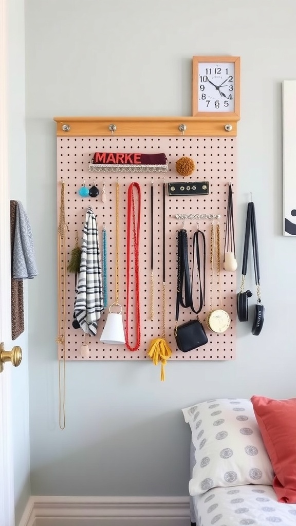 A pegboard displaying various accessories like jewelry, scarves, and bags, mounted on a wall next to a bed.