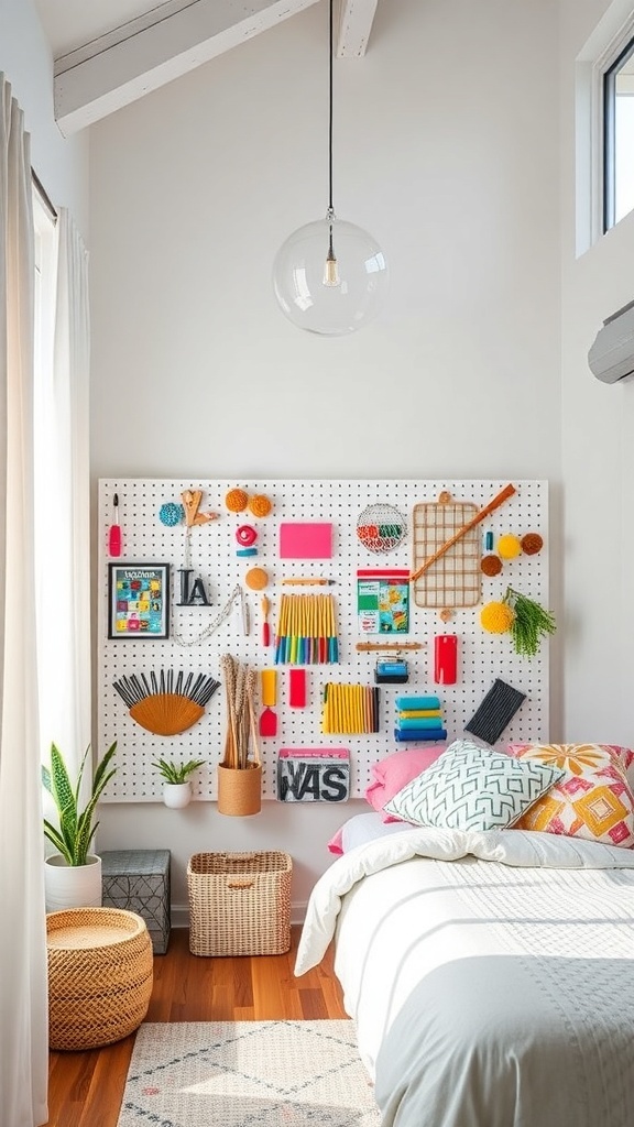 Colorful pegboard filled with craft supplies in a cozy bedroom setting.