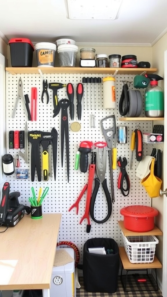 A pegboard filled with various tools and craft supplies, showcasing an organized workspace.