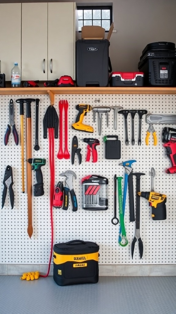 A pegboard displaying various tools organized neatly in a garage.
