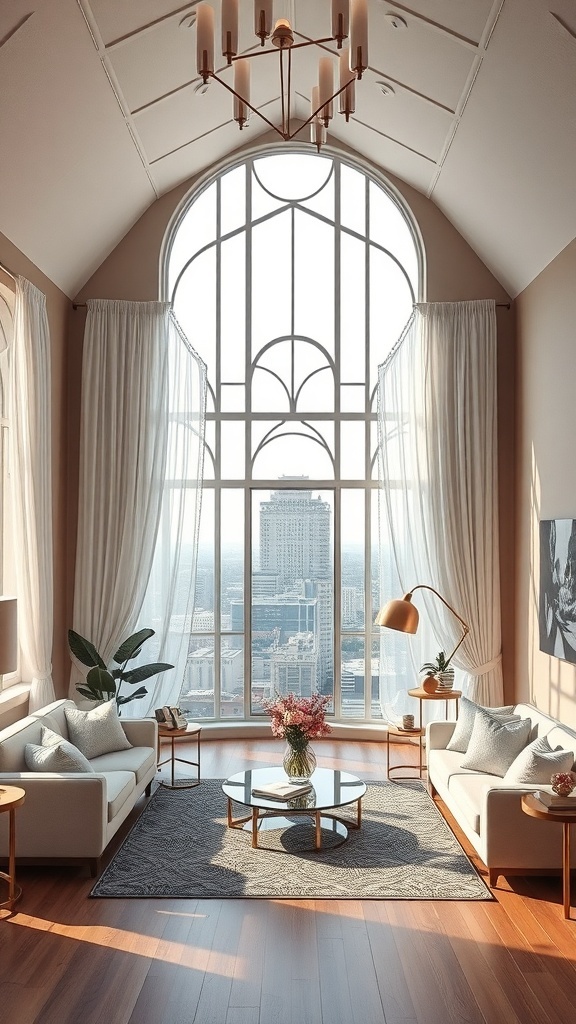 Helles und elegantes Wohnzimmer im Art Deco Stil mit großen Fenstern, modernen Möbeln und Pflanzen