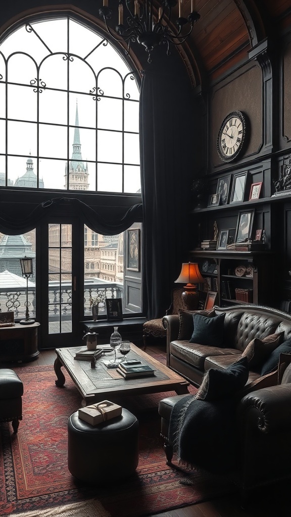 Luxuriöses Western-Gotisch Wohnzimmer mit Blick auf die Stadt