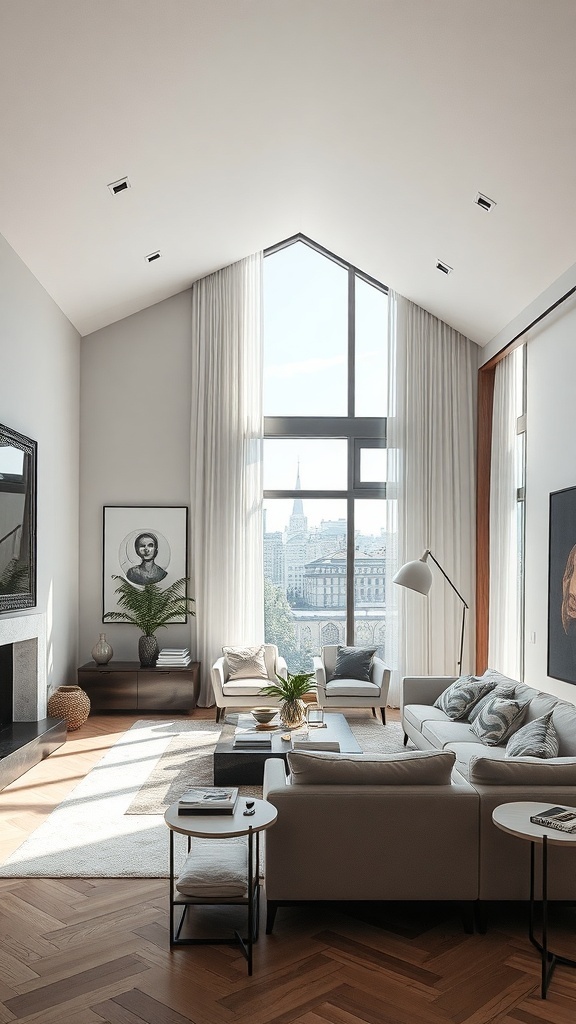 Modernes Wohnzimmer mit großen Fenstern und persönlicher Kunstsammlung