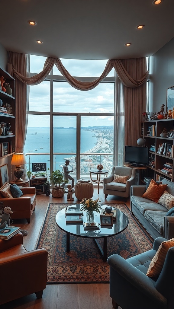 Ein stilvolles Wohnzimmer mit Blick auf das Meer, dekoriert mit persönlichen Sammlungen.