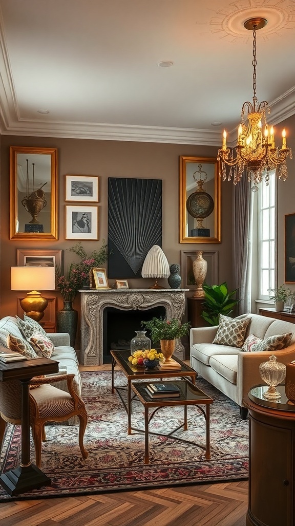 Ein elegantes Wohnzimmer im Art Deco-Stil mit persönlichen Sammlungen und Kunstwerken.