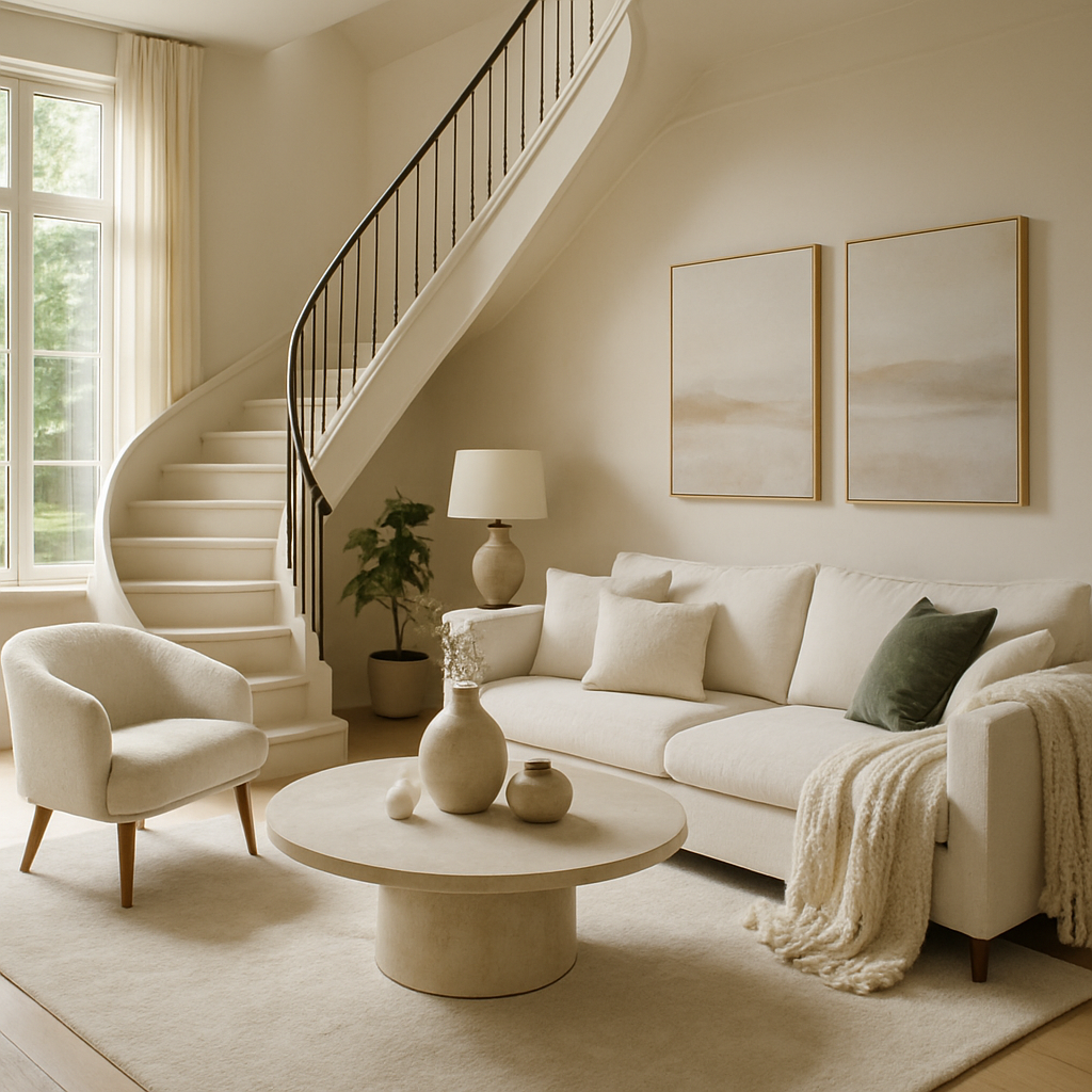 Ein stilvoll eingerichtetes Wohnzimmer mit einer geschwungenen Treppe, einem hellen Sofa und persönlichen Dekorationsstücken.