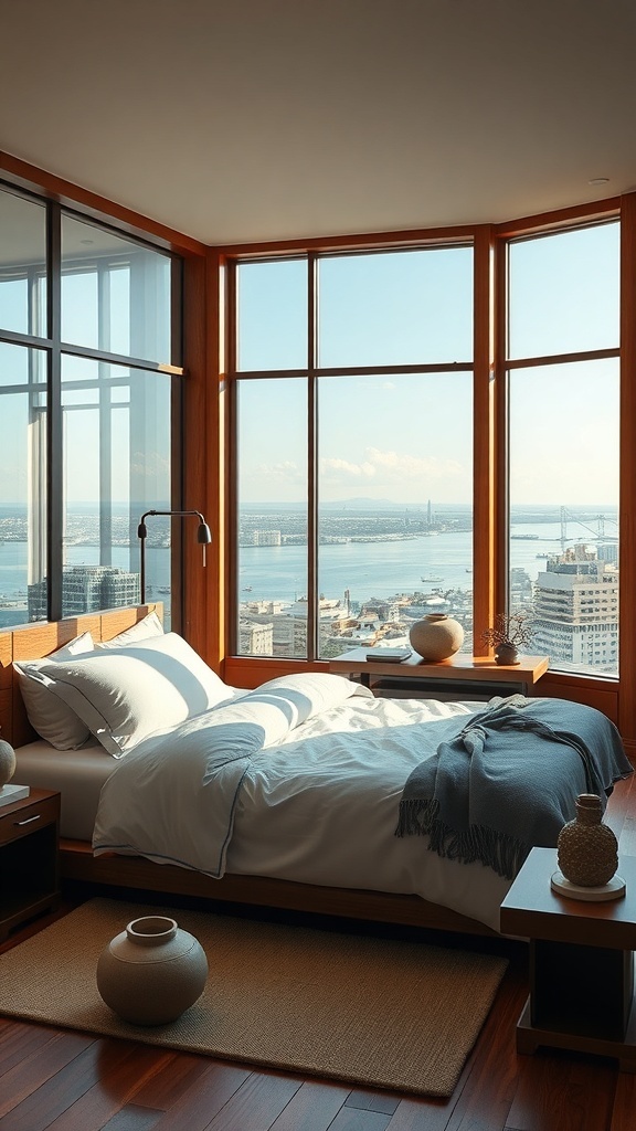 Modernes Schlafzimmer mit großen Fenstern und Blick auf die Stadt, minimalistisch und zen-inspiriert.