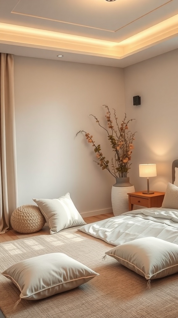 A cozy bedroom corner with pillows, a soft rug, and a vase of flowers.