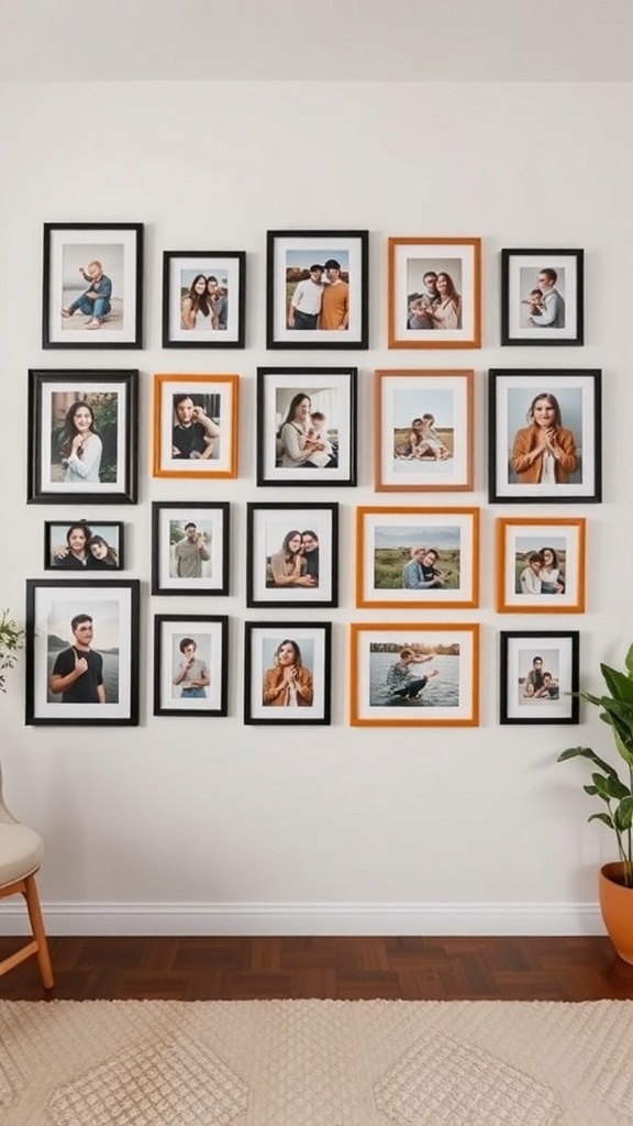 Gallery wall featuring family photos in black and orange frames, with a plant and chair in the foreground.