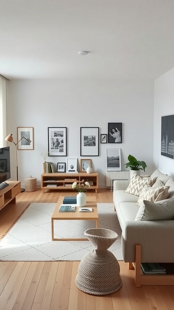 A minimalist Scandinavian living room with light wood flooring, simple furniture, and black and white artwork on the walls.
