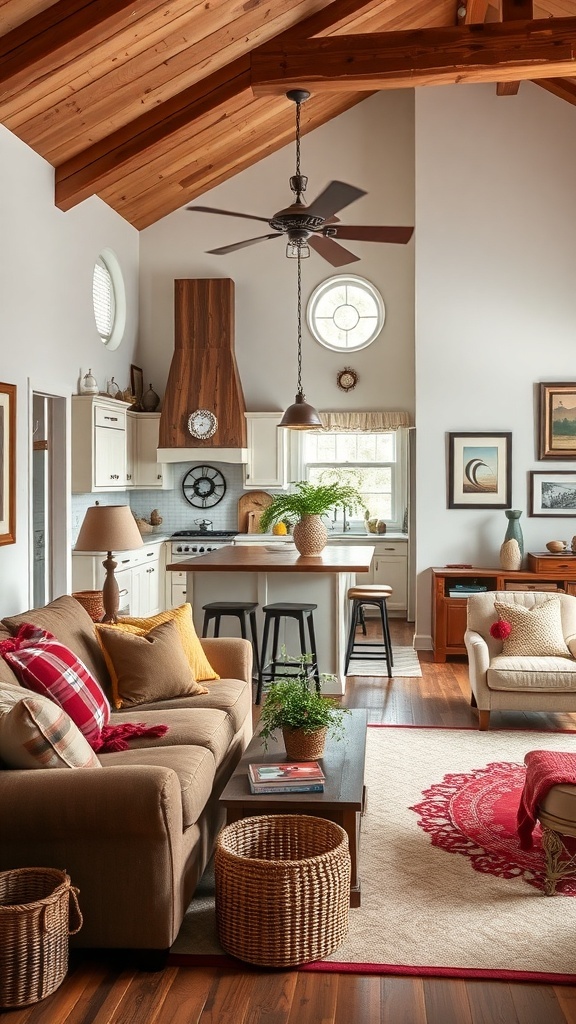 Cozy rustic farmhouse living area with wooden beams, comfortable seating, and decorative accents.
