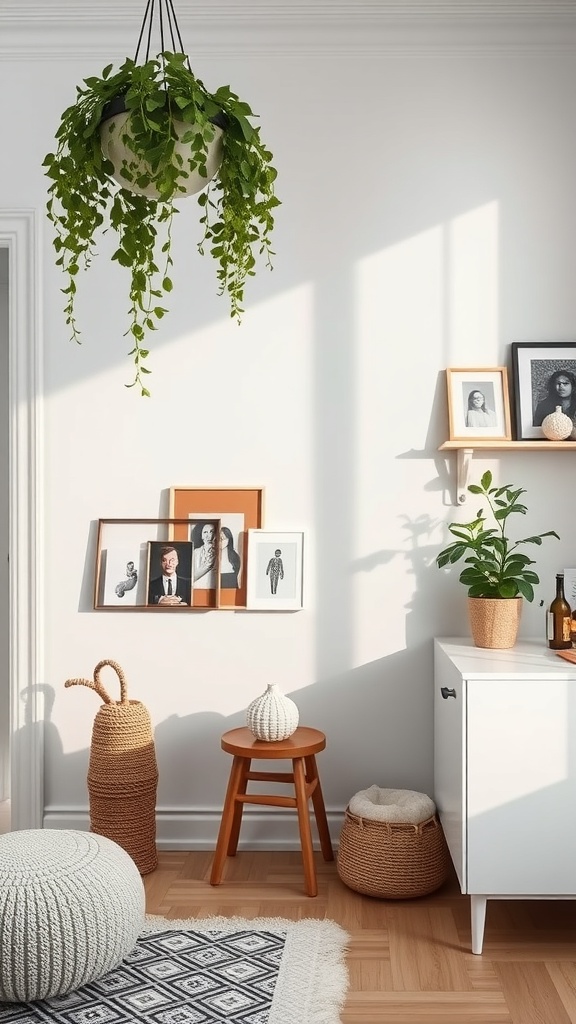 Cozy Scandinavian interior with plants, framed photos, and minimalist decor.