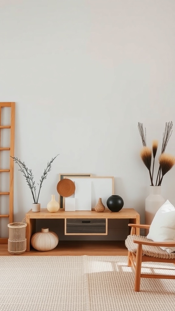 A minimalist Japandi style interior featuring wooden furniture, decorative vases, and a cozy atmosphere.