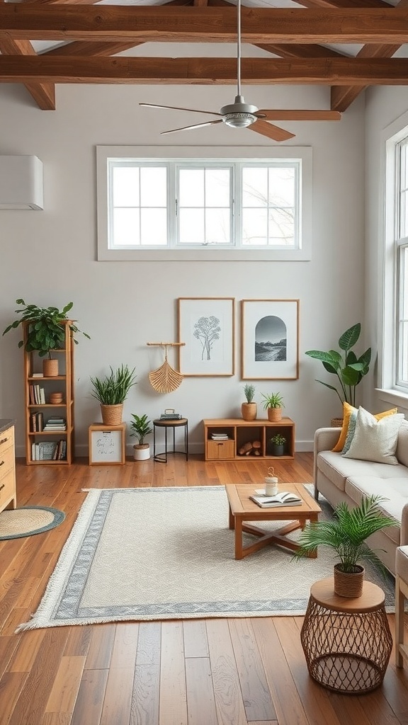 Cozy farmhouse chic living room with wooden beams, plants, and DIY decor