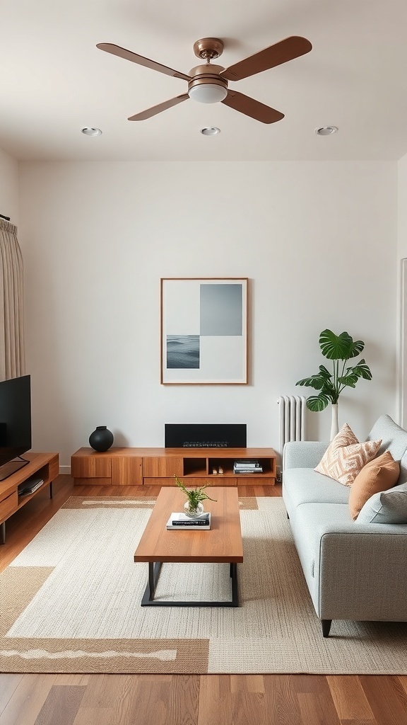A minimalist Japandi living room featuring a light color palette, wooden furniture, and a few decorative elements.
