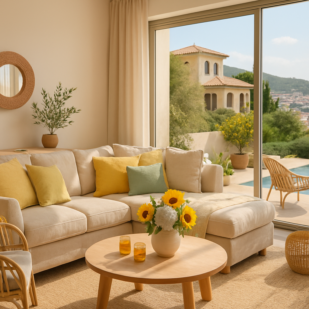 Helles Wohnzimmer mit beigen Sofas, bunten Kissen und einer Blumenvase auf einem Holztisch