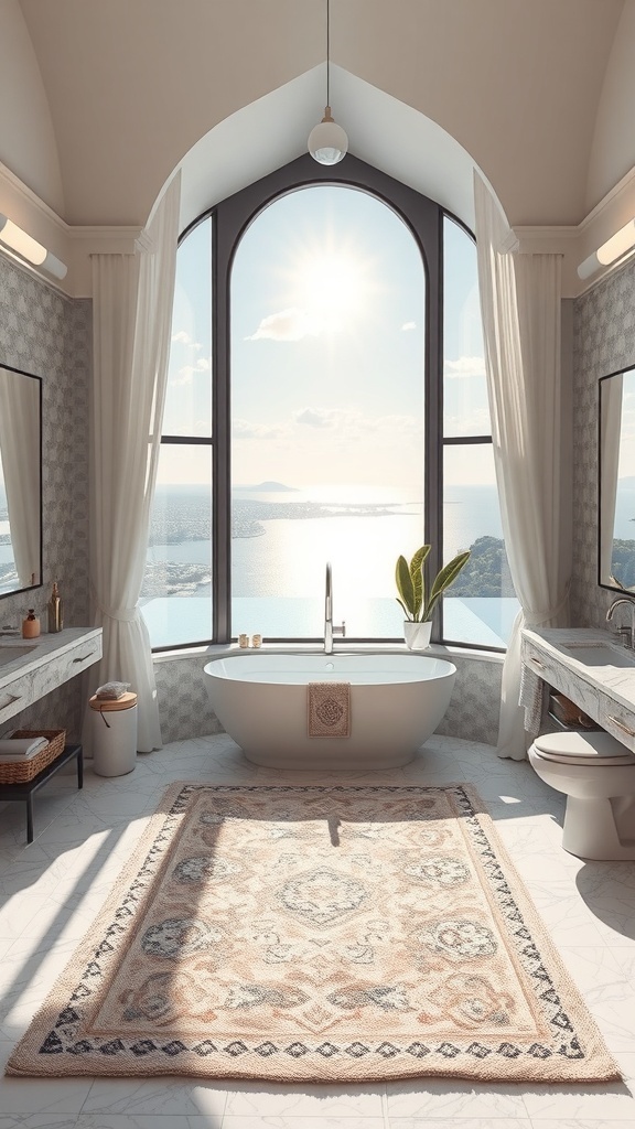 Luxuriöses Badezimmer mit Blick auf die Natur, große Fenster, Badewanne und stilvolle Dekoration.
