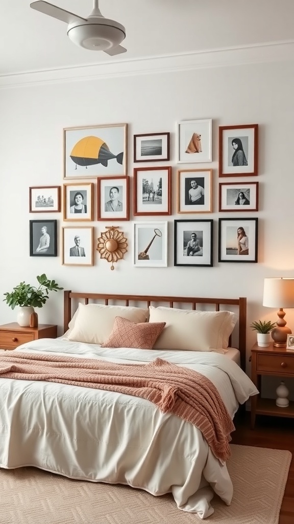 A cozy bedroom featuring a gallery wall with family photos and decorative frames.