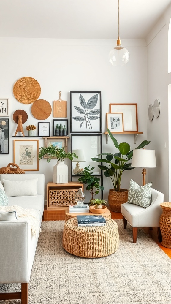 Cozy living room with personalized accessories, including wall art, plants, and woven textures.