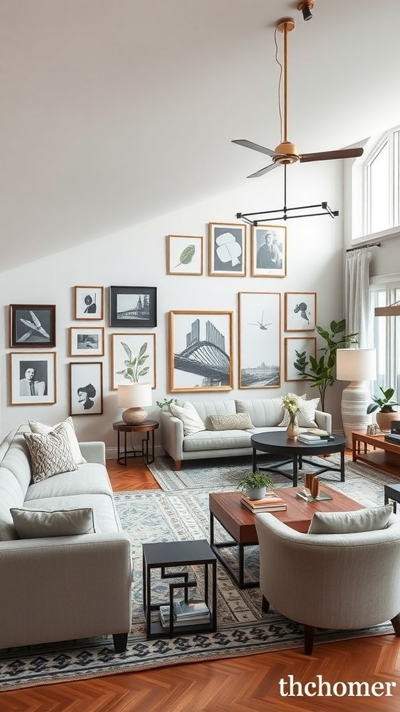 A stylish open concept living and dining room with personalized art displays on the walls.