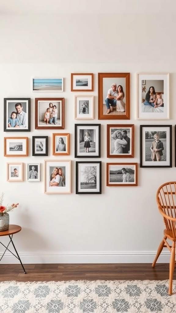 A gallery wall featuring a variety of framed photographs in different styles and sizes.