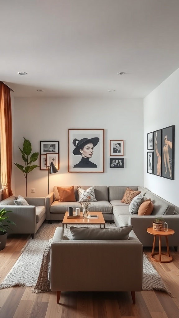 A cozy living room featuring a sunken couch, personalized art displays on the walls, and plants for a warm atmosphere.