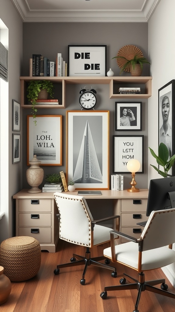 A stylish home office featuring artistic decor, framed pictures, and a cozy atmosphere.